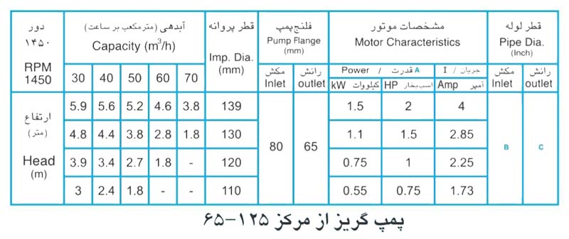 پمپ آب پمپیران مدل 125-65 با موتور 1.1 کیلووات