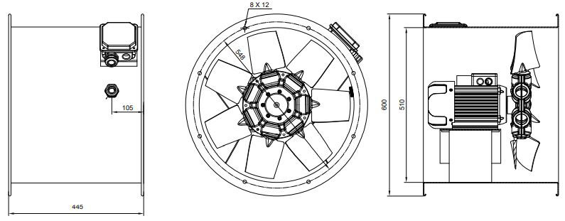 فن آکسیال دمنده سیلندری مدل DAMP-DN40-4T-500-30deg