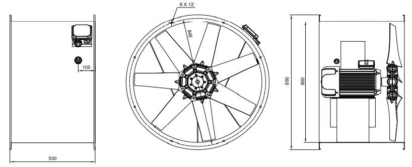 فن آکسیال دمنده سیلندری مدل DAMP‐KN100‐6T‐800‐45deg